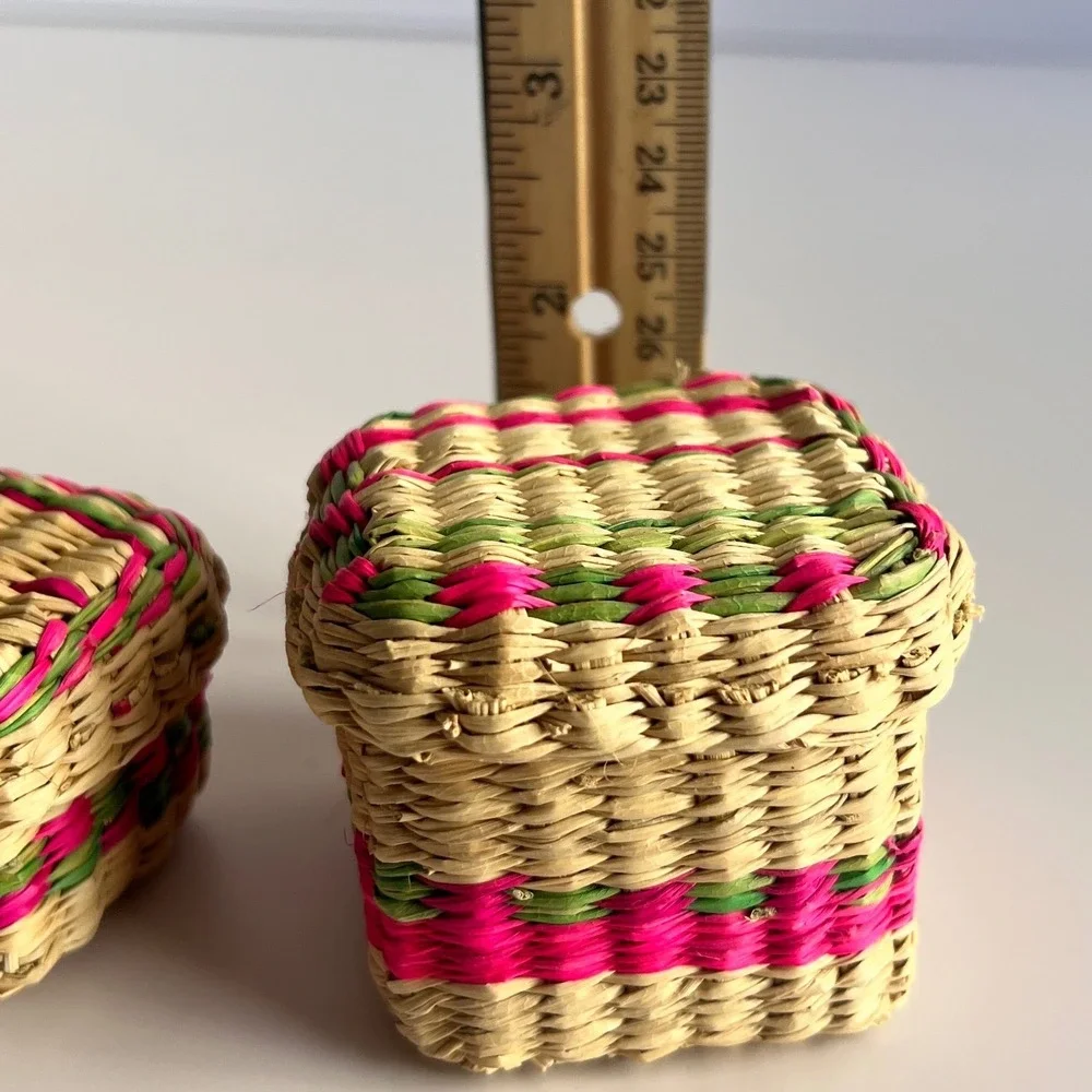 Vintage Miniature Woven Straw Trinket Baskets Set of 2 Boho Folk Art Boxes